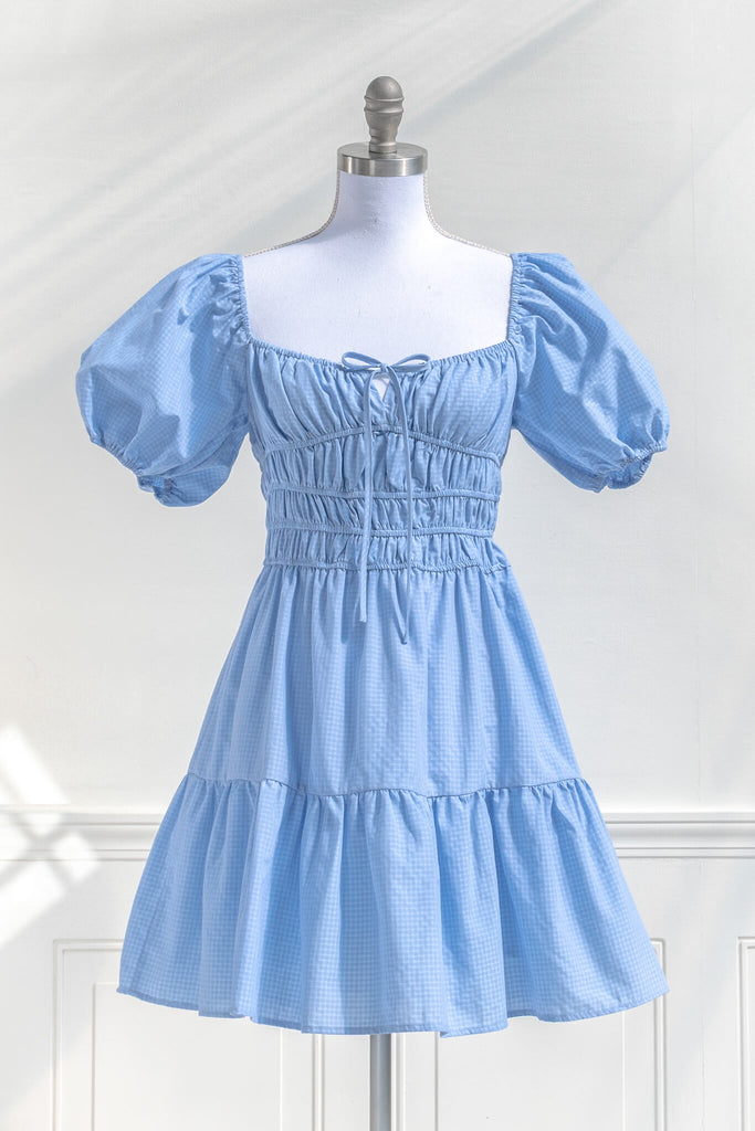 cottage core dress - a blue mini puff sleeve dress - front view - amantine. 