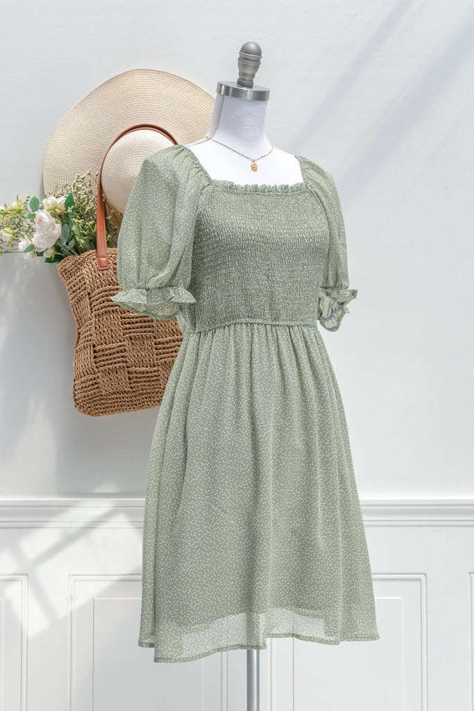 cottage core dresses in french and vintage style - this is a mini dress with a square neckline, chiffon fabric, and sage small heart print - amantine - quarter view - 