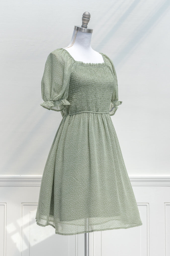 cottage core dresses in french and vintage style - this is a mini dress with a square neckline, chiffon fabric, and sage small heart print - amantine - view - 