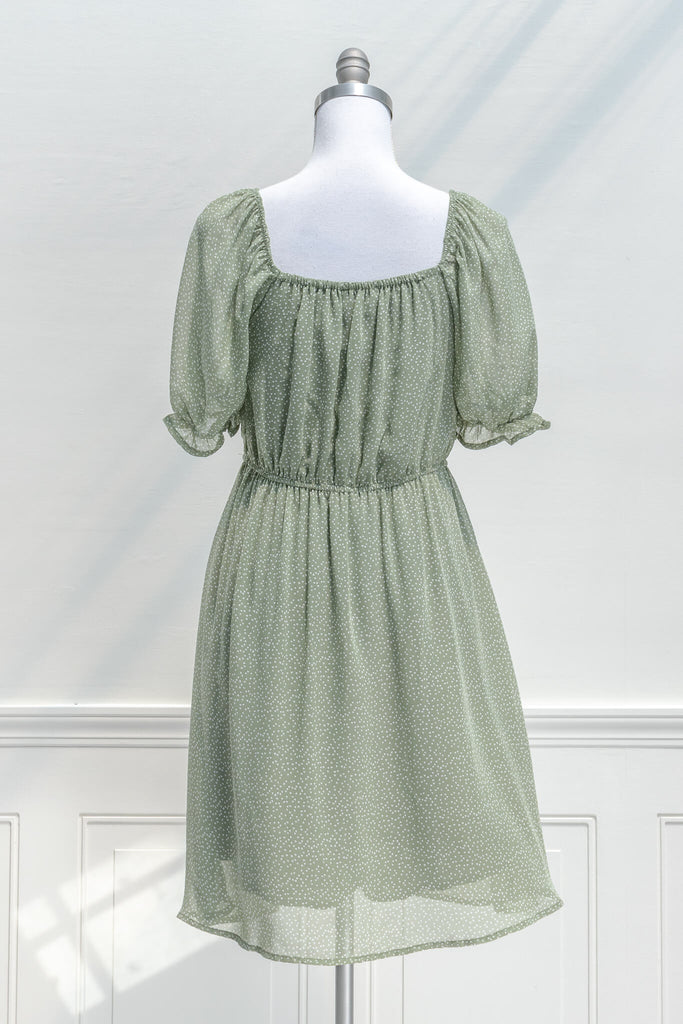 cottage core dresses in french and vintage style - this is a mini dress with a square neckline, chiffon fabric, and sage small heart print - amantine - back view - 