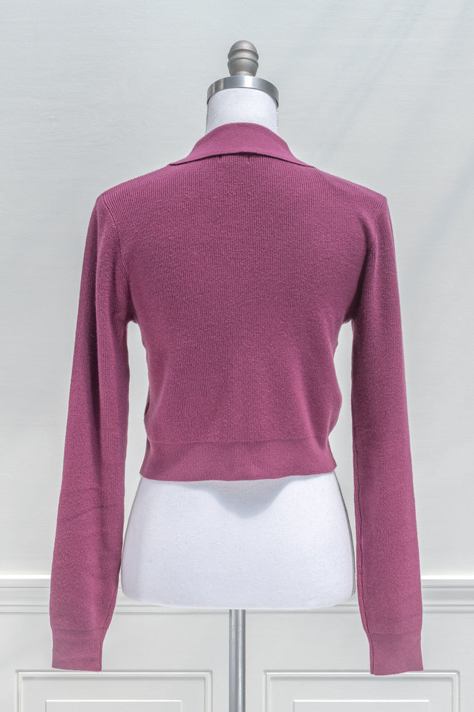 feminine tops - a french and vintage cottage core style shirt top in knit fabric, purple in color. feminine aesthetic clothing from amantine - back view 