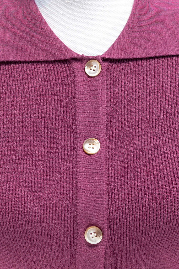feminine tops - a french and vintage cottage core style shirt top in knit fabric, purple in color. feminine aesthetic clothing from amantine - up close fabric view 