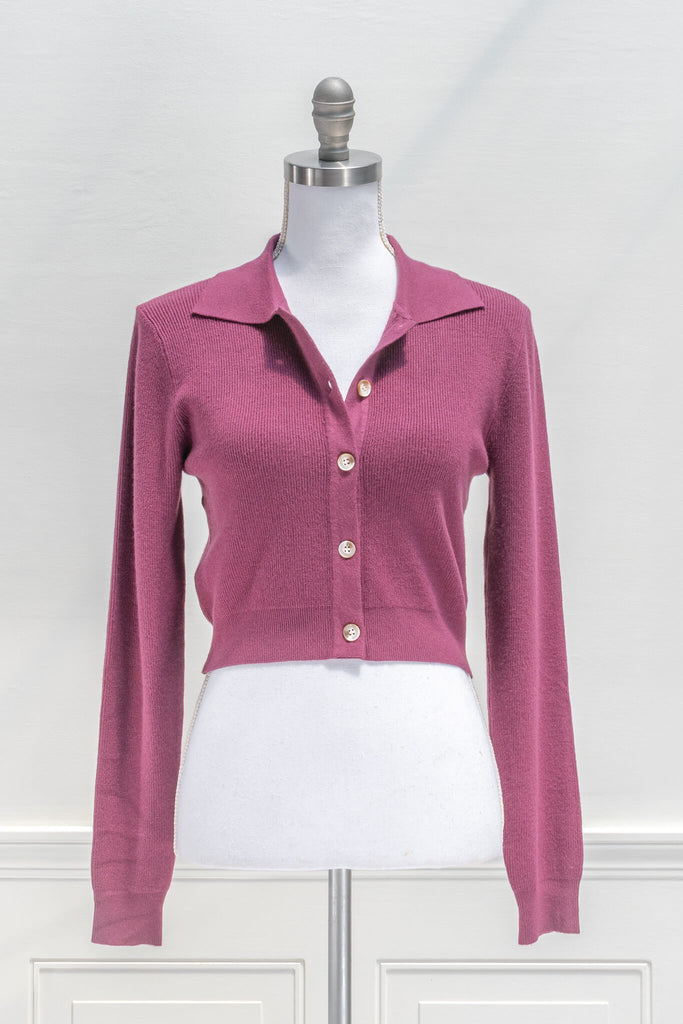 feminine tops - a french and vintage cottage core style shirt top in knit fabric, purple in color. feminine aesthetic clothing from amantine - with opened buttons view 