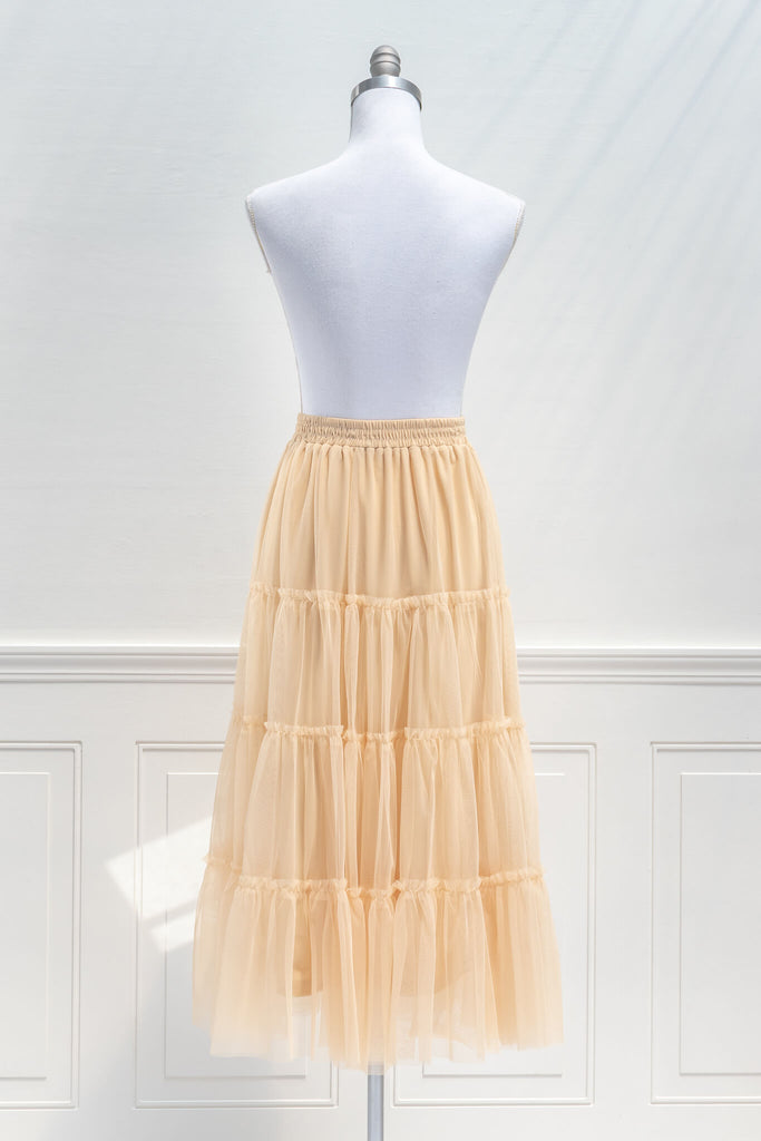 feminine skirts - a cream, tulle, tiered, elastic waist skirt - feminine and french style - back view