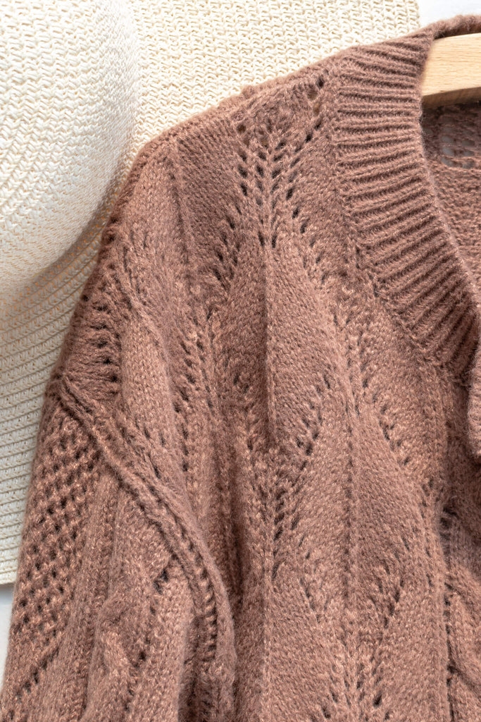 feminine sweaters - a cottagecore and vintage style cardigan feminine sweater for autumn - fall fashion from amantine - up close view 