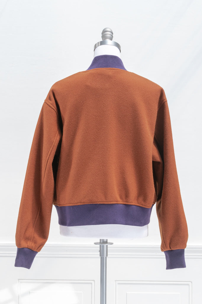 french girl style clothing - an autumn aesthetic varsity jacket in rust orange and purple details - back view 