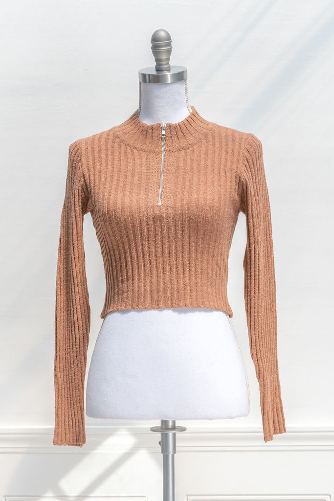 feminine tops and aesthetic clothes - an orange long sleeve light weight sweater for fall fashion - front view with zipper closed