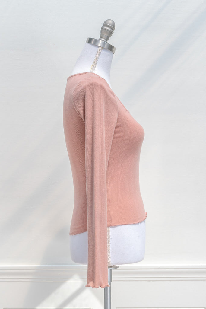 feminine tops - a pink aesthetic square neckline, long sleeve top - side view