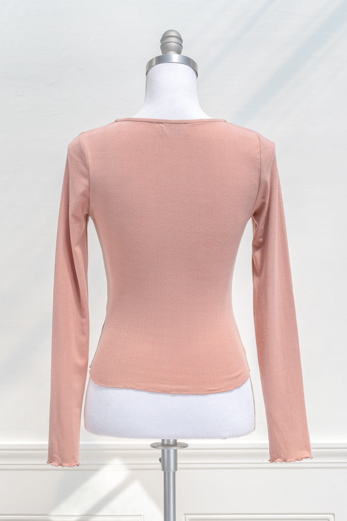 feminine tops - a pink aesthetic square neckline, long sleeve top - back view