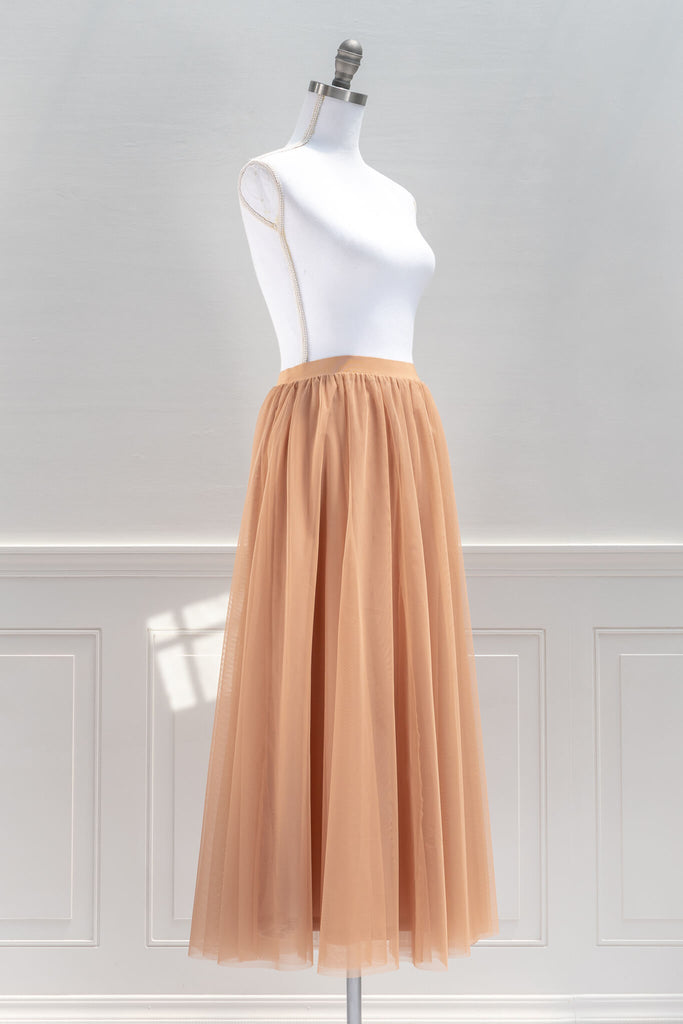 feminine aesthetic clothing - a long maxi skirt in mocha color and tulle fabric - french girl autumn style - amantine - quarter view