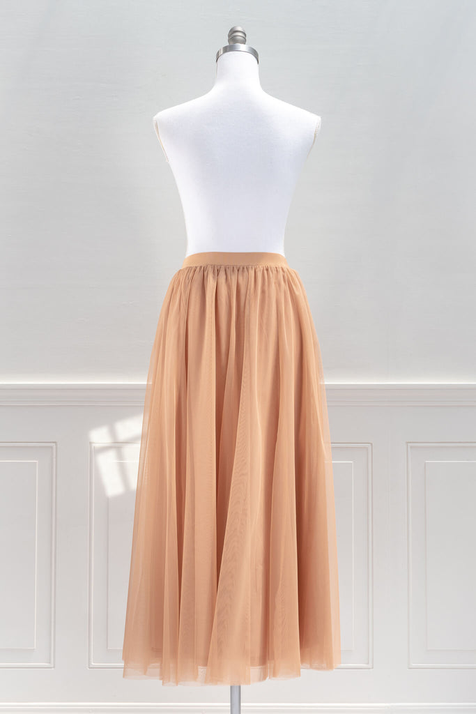 feminine aesthetic clothing - a long maxi skirt in mocha color and tulle fabric - french girl autumn style - amantine - back view