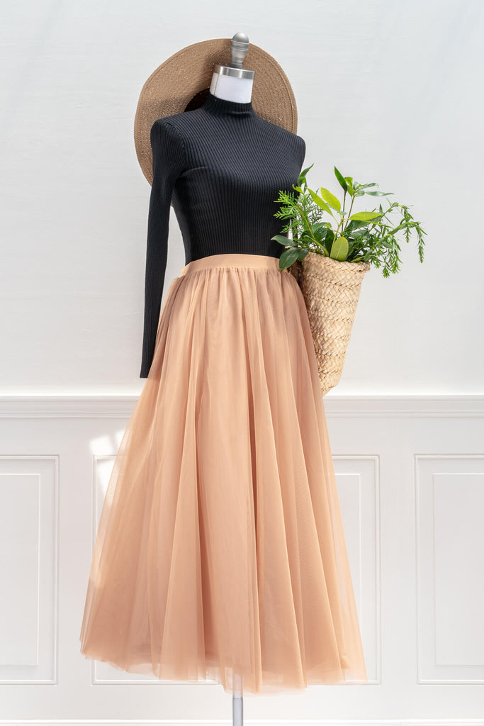 feminine aesthetic clothing - a long maxi skirt in mocha color and tulle fabric - french girl autumn style - amantine - styled with hat and black shirt view