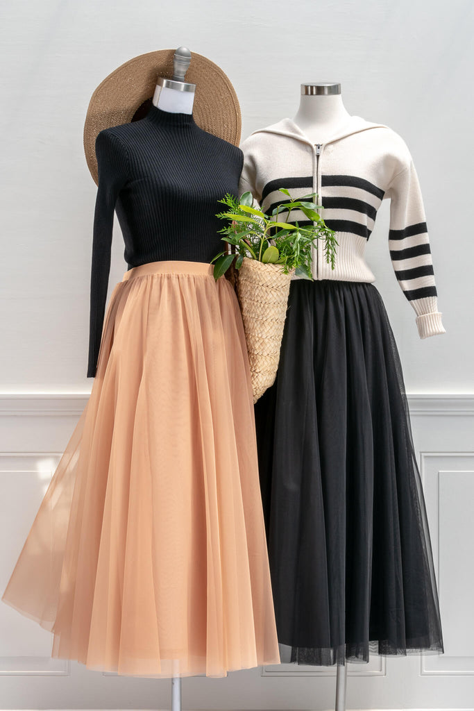 feminine aesthetic clothing - a long maxi skirt in mocha color and tulle fabric - french girl autumn style - amantine - feminine skirts  view
