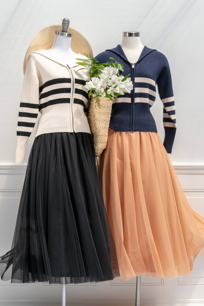 feminine aesthetic french inspired clothing - a french style cardigan in nautical style - styled with feminine skirts view 
