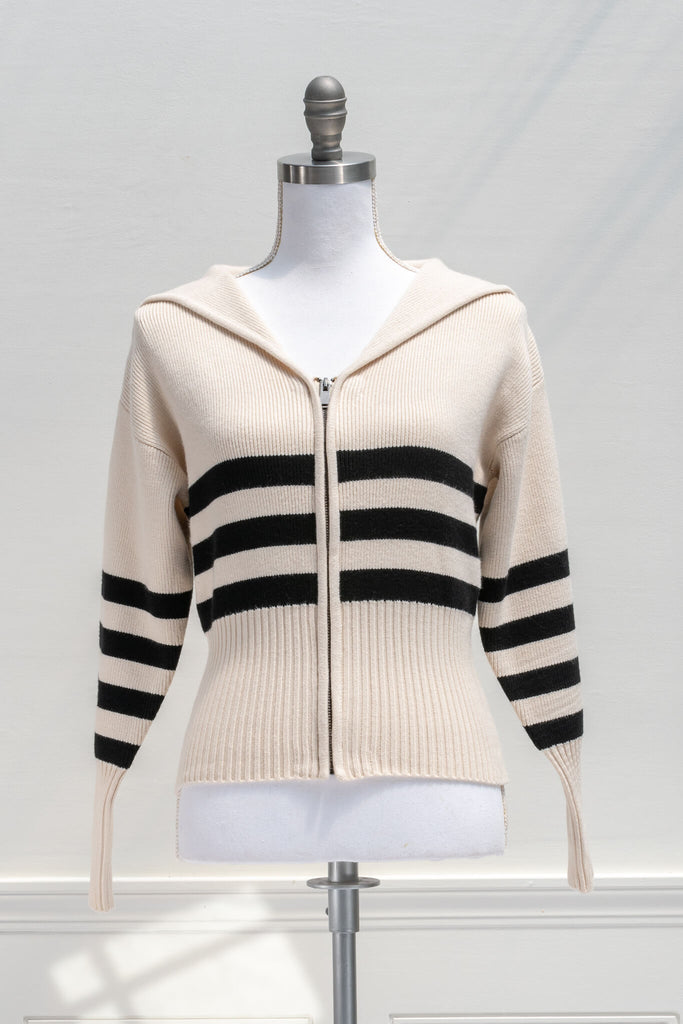 feminine aesthetic french inspired clothing - a french style cardigan in nautical style - front view 
