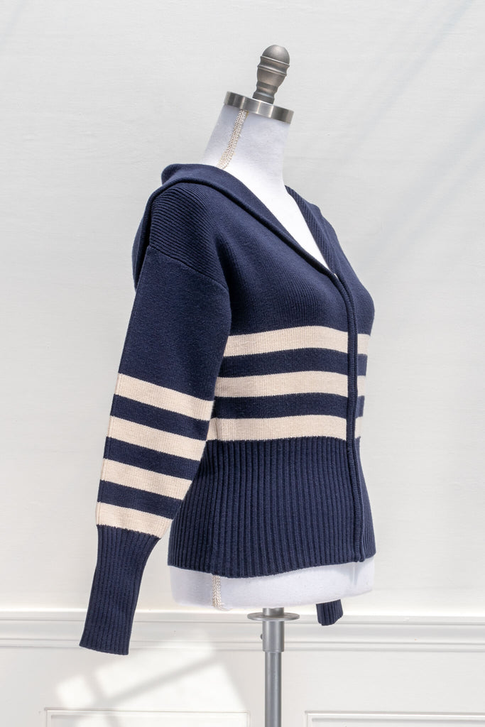 vintage knit sailor collar striped zip up cardigan sweater in navy blue - quarter view