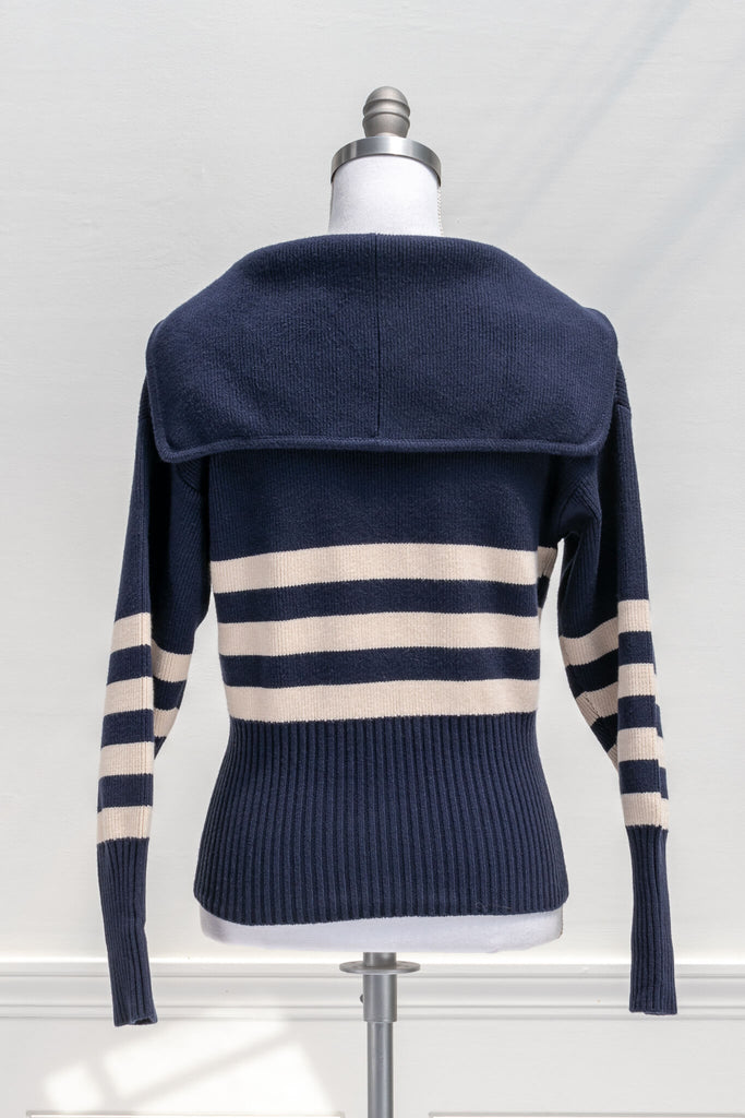 vintage knit sailor collar striped zip up cardigan sweater in navy blue - back view