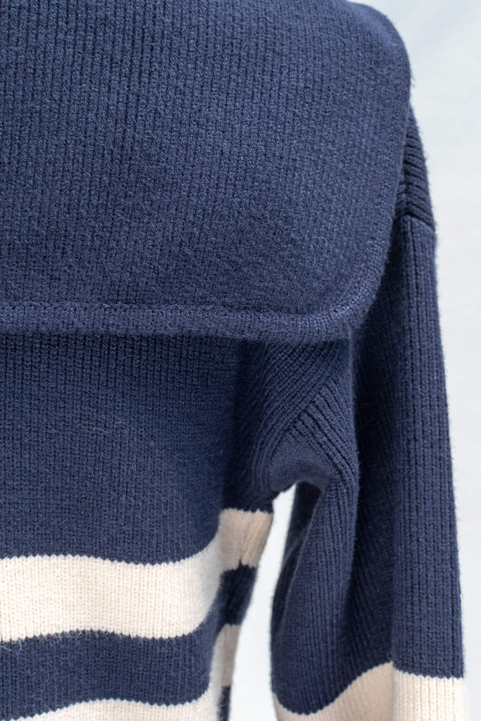 vintage knit sailor collar striped zip up cardigan sweater in navy blue - up close fabric view