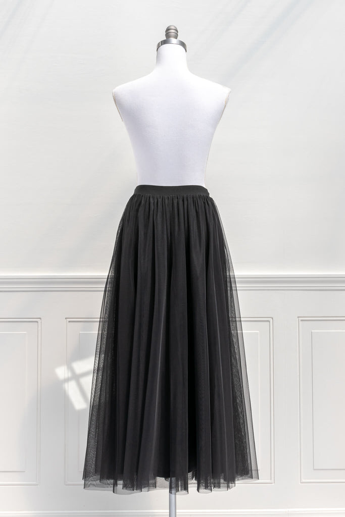 feminine aesthetic clothing - a long maxi skirt in black color and tulle fabric - french girl autumn style - amantine - back view
