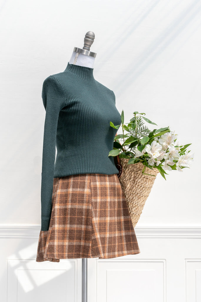 feminine clothing - a french girl style forest green knit long sleeve ribbed sweater - amantine - styled with skirt view