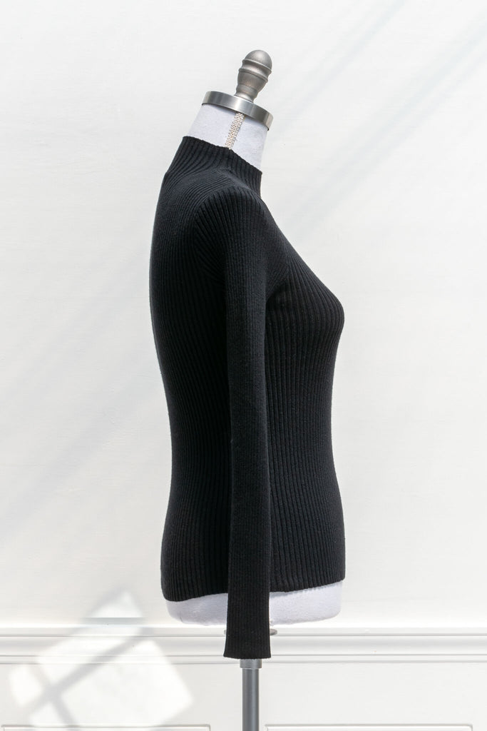 feminine clothing - a french girl style black knit long sleeve ribbed sweater - amantine - side view