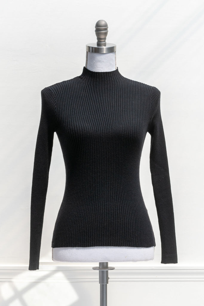 feminine clothing - a french girl style black knit long sleeve ribbed sweater - amantine - front view