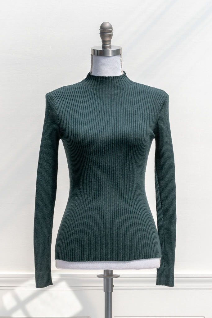 feminine clothing - a french girl style forest green knit long sleeve ribbed sweater - amantine - front view