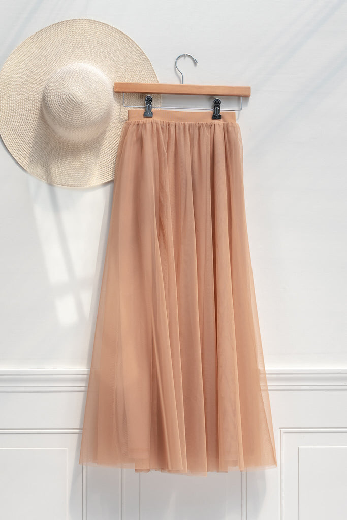 feminine aesthetic clothing - a long maxi skirt in mocha color and tulle fabric - french girl autumn style - amantine - on hanger view