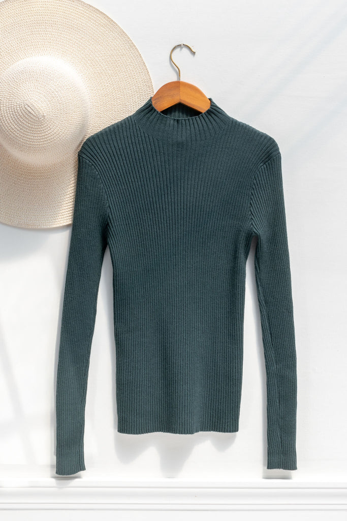 feminine clothing - a french girl style forest green knit long sleeve ribbed sweater - amantine - on hanger view