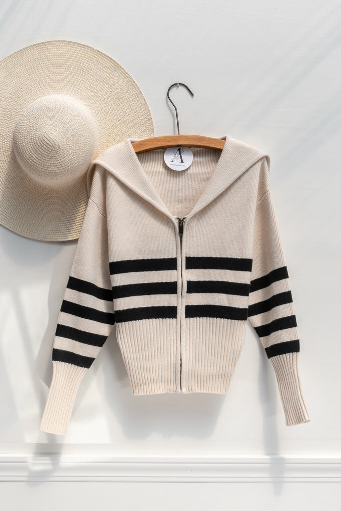 feminine aesthetic french inspired clothing - a french style cardigan in nautical style - on hanger view 