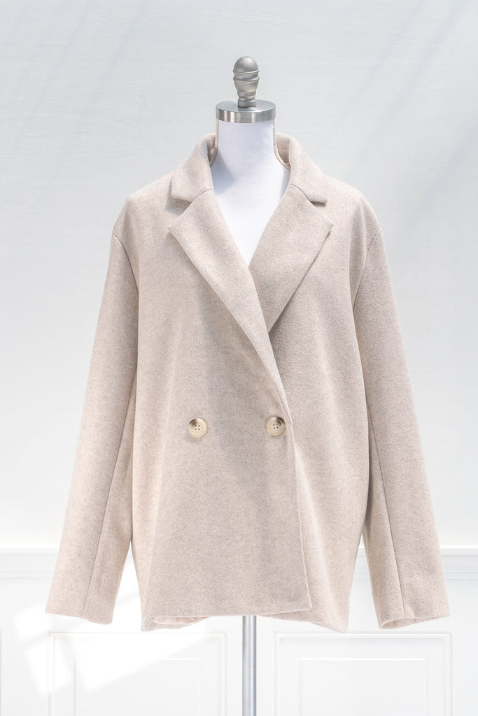 french winter coat style - a soft taupe boyfriend cut winter jacquet - front view 
