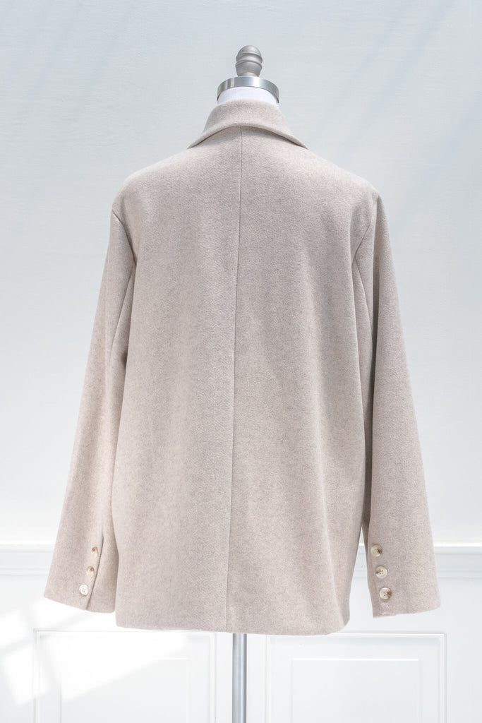 french winter coat style - a soft taupe boyfriend cut winter jacquet - back view 