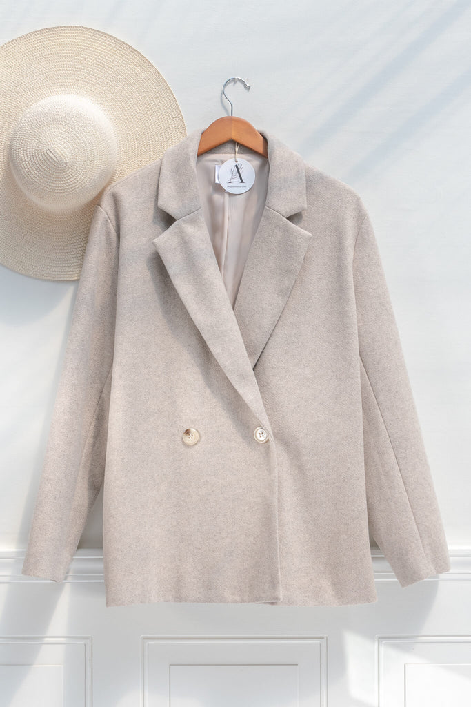 french winter coat style - a soft taupe boyfriend cut winter jacquet - on hanger view 