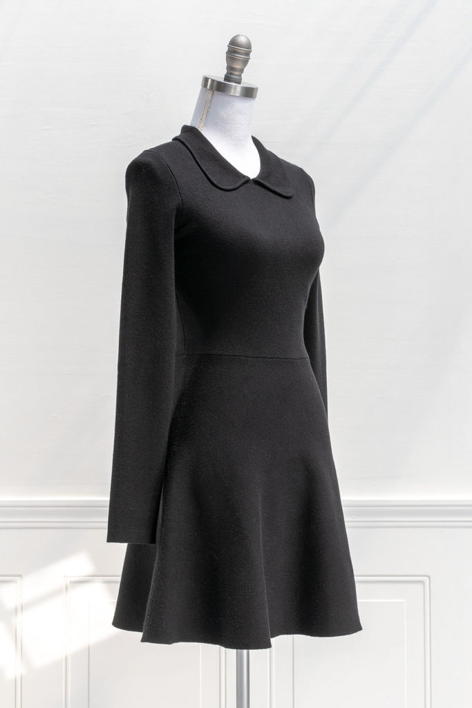 french dress and retro fashion - a french girl style dress in black knit and long sleeves - amantine - quarter view 