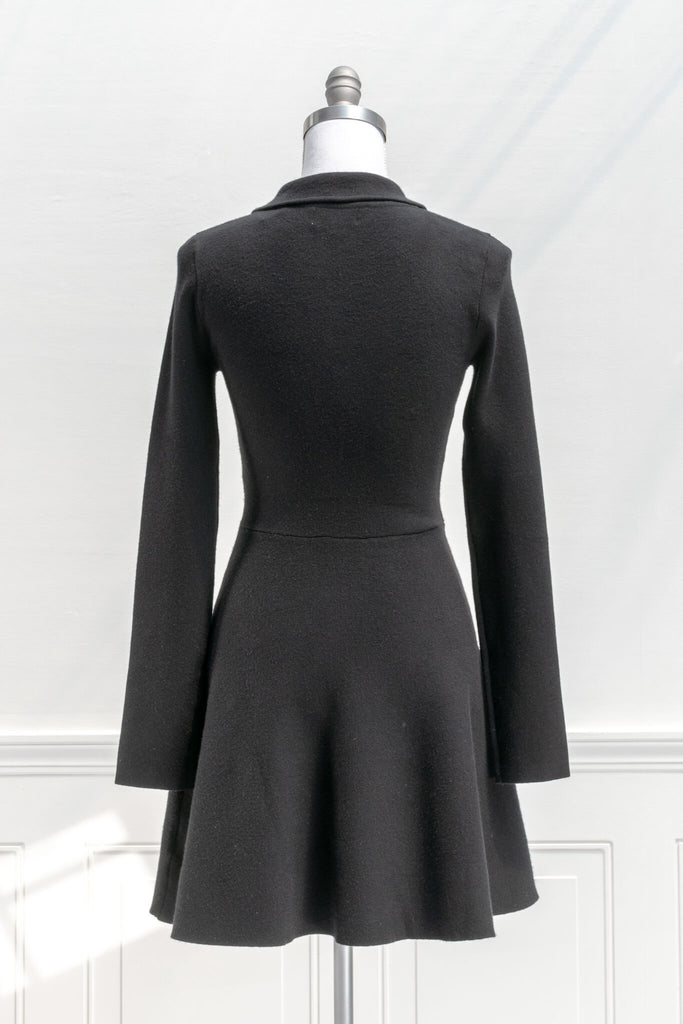 french dress and retro fashion - a french girl style dress in black knit and long sleeves - amantine - back view 