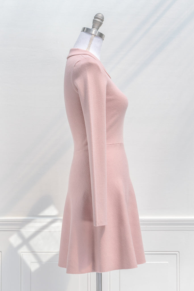 french dress / vintage aesthetic -mini dress in soft blush pink medium-weight knit features a peter-pan style collar, long sleeves, and a fit-and-flare silhouette - amantine - side view