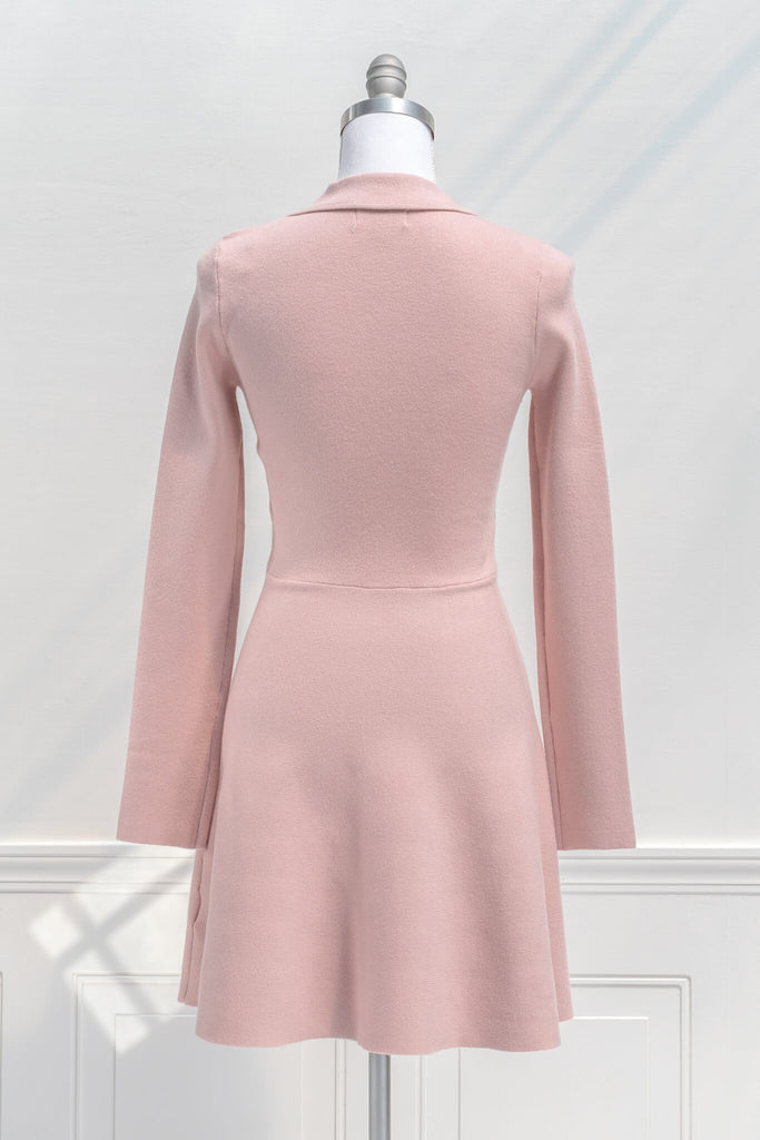 french dress / vintage aesthetic -mini dress in soft blush pink medium-weight knit features a peter-pan style collar, long sleeves, and a fit-and-flare silhouette - amantine - back view
