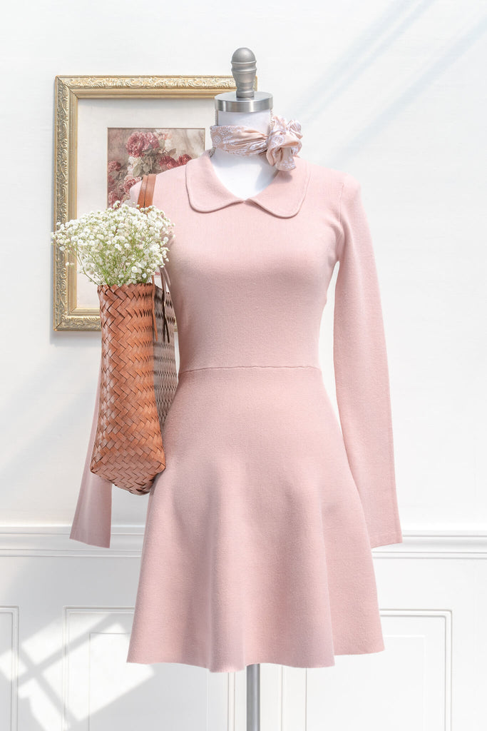 french dress / vintage aesthetic -mini dress in soft blush pink medium-weight knit features a peter-pan style collar, long sleeves, and a fit-and-flare silhouette - amantine - styled with scarf and bag view