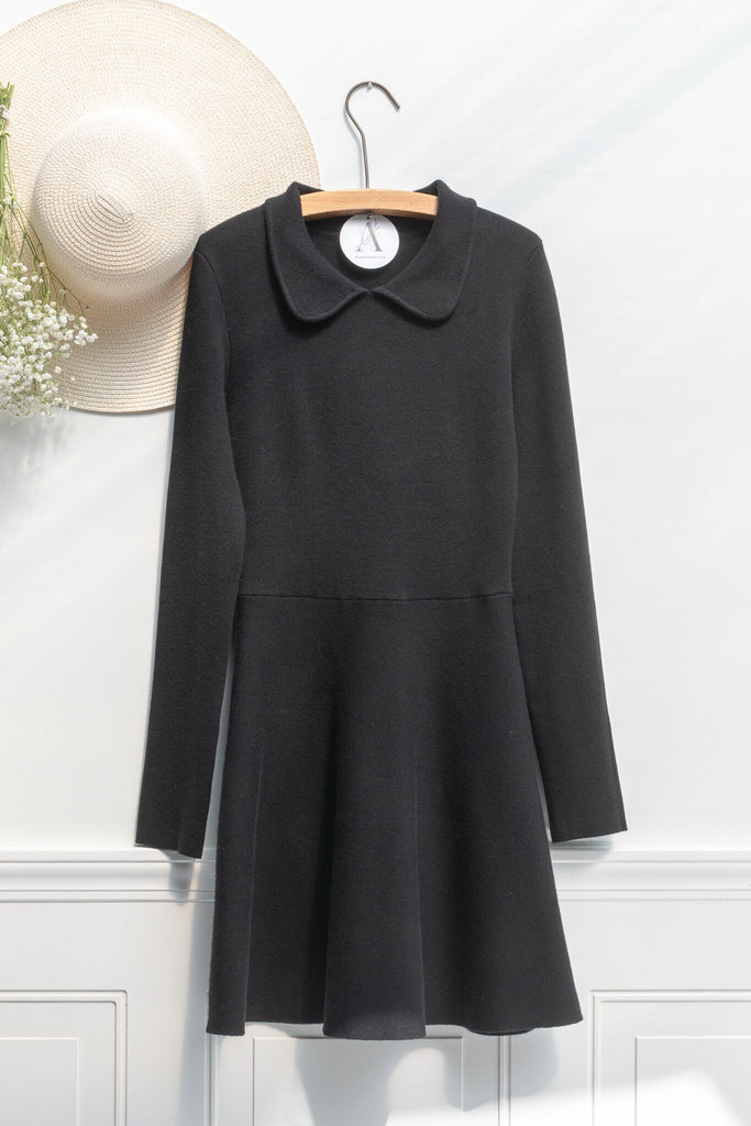 french dress and retro fashion - a french girl style dress in black knit and long sleeves - amantine - on hanger view 