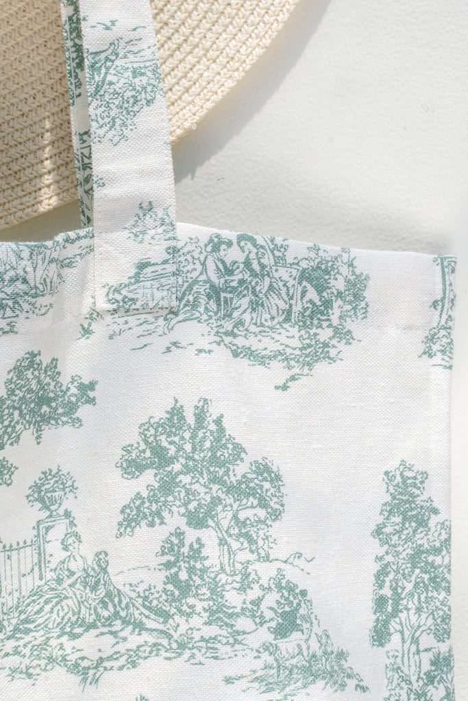 french market tote in green toile / cotton fabric