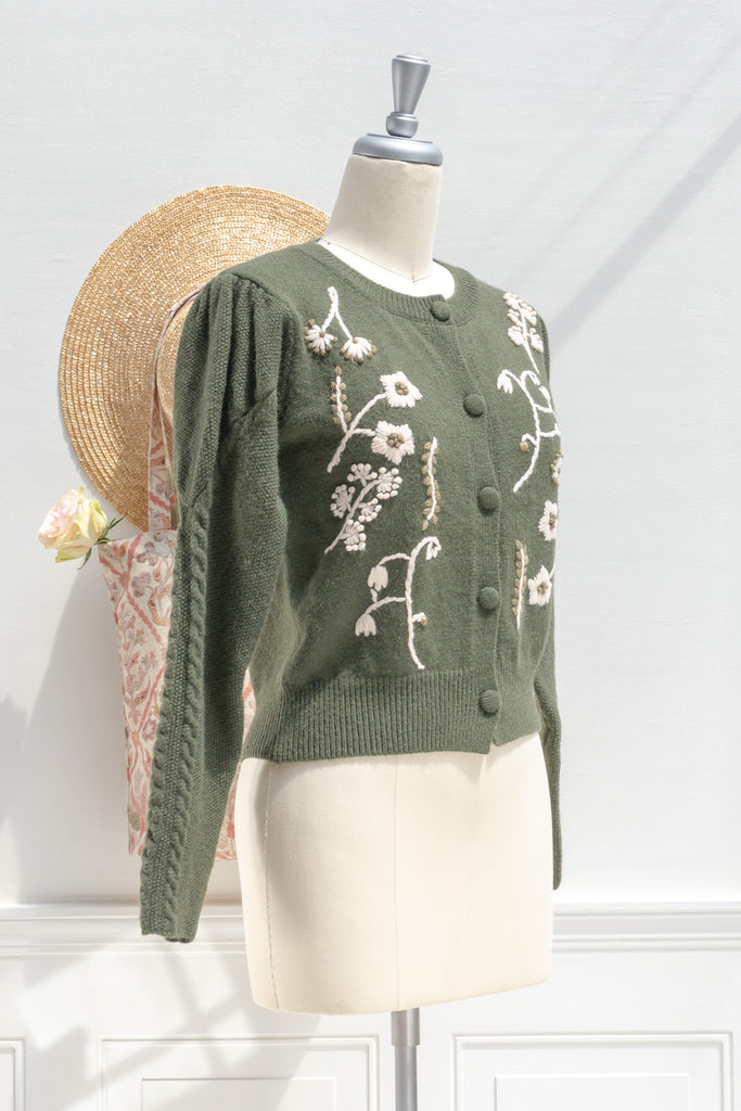 Amantine woodland-green floral-embroidered cropped cardigan with round neckline and covered buttons — side view