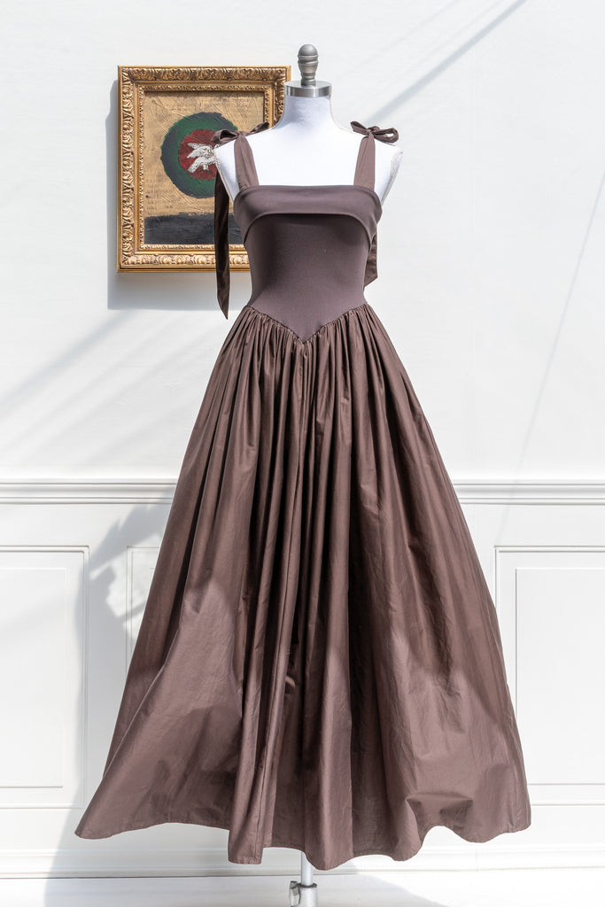 Amantine cocoa tie-strap maxi dress with contoured knit bodice and woven taffeta-like skirt — front view