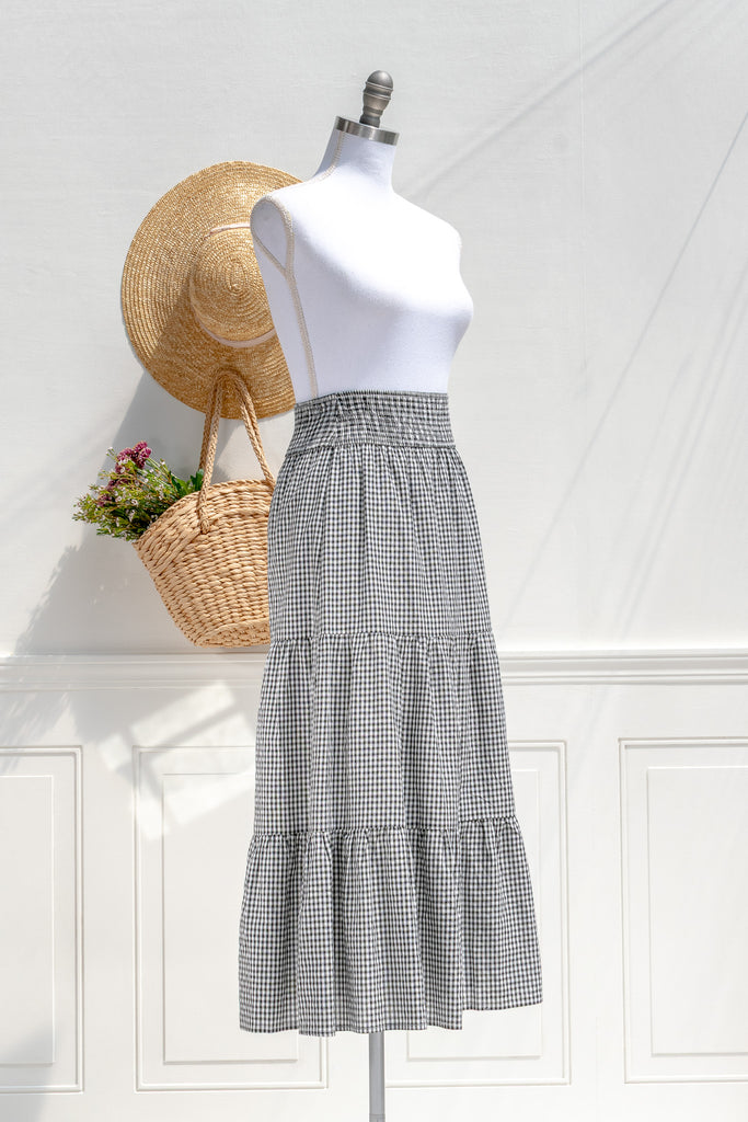 amantine-layla-gingham-tiered-midi-skirt-black-ivory-three-quarter-view