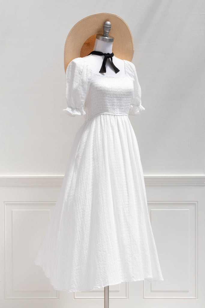 cottagecore dresses - a white square neckline modest dress- amantine front view 