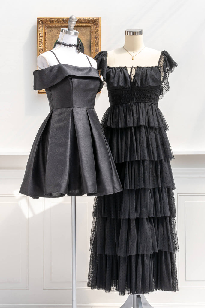 romantic dresses inspired by french, vintage, and feminine style - a beautiful mini cocktail dress in black, lbd, with box pleat skirt and off the shoulder neckline - amantine french dresses- next to another romantic dress view 