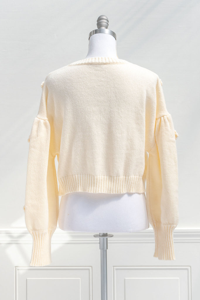 feminine french style sweater - cream with 3d flower details - back view