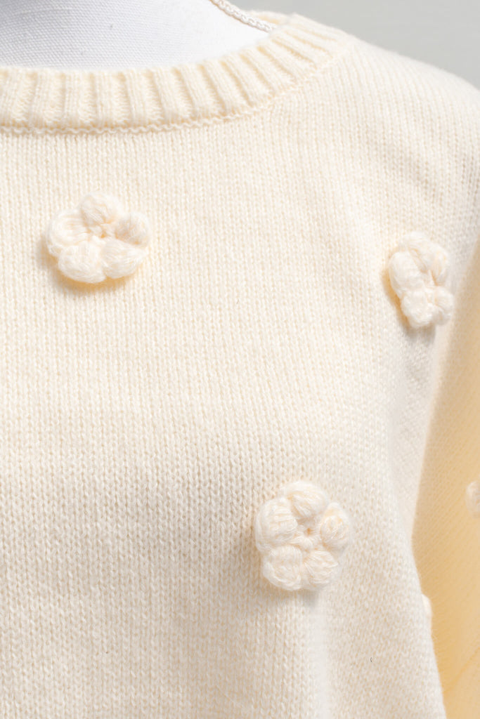 feminine french style sweater - cream with 3d flower details - fabric view