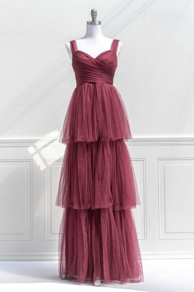 french dress in a feminine and vintage style - a tulle burgundy tiered event dress - amantine french dresses - front view