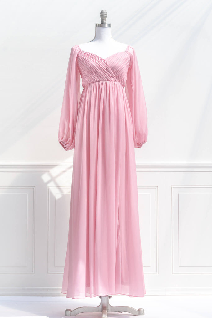 pink dresses - a french and feminine vintage style maxi dress in pink, with long sleeves and modest cut - amantine - front view 