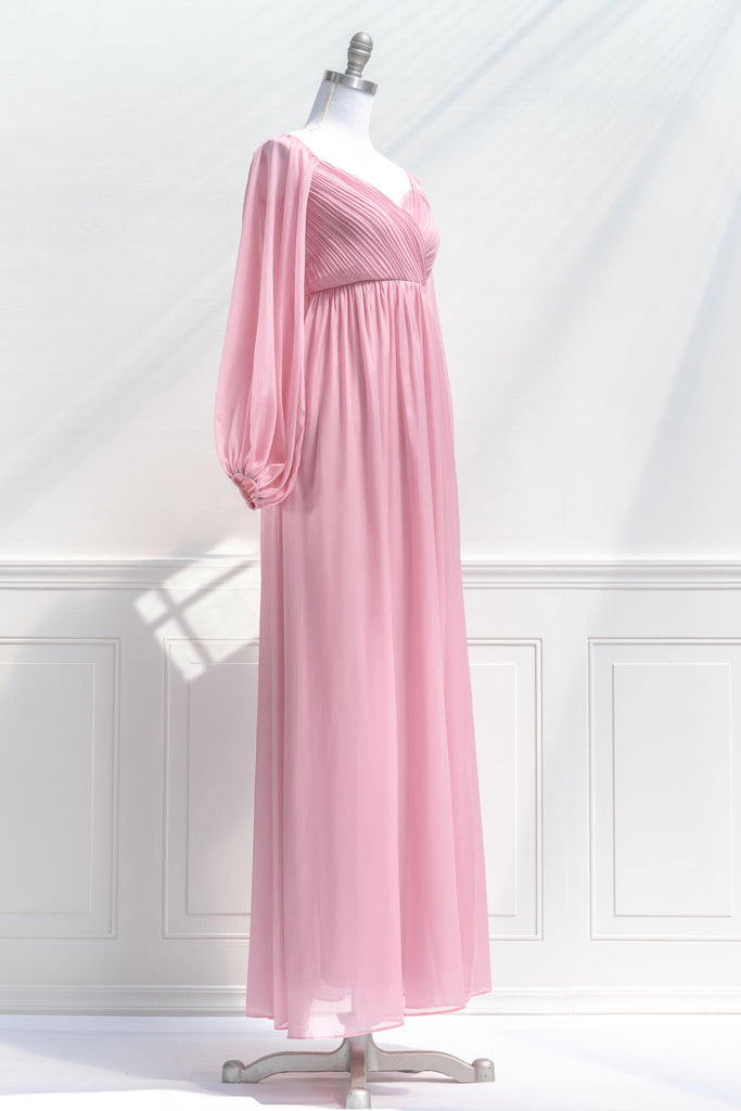 pink dresses - a french and feminine vintage style maxi dress in pink, with long sleeves and modest cut - amantine - side 2 view 